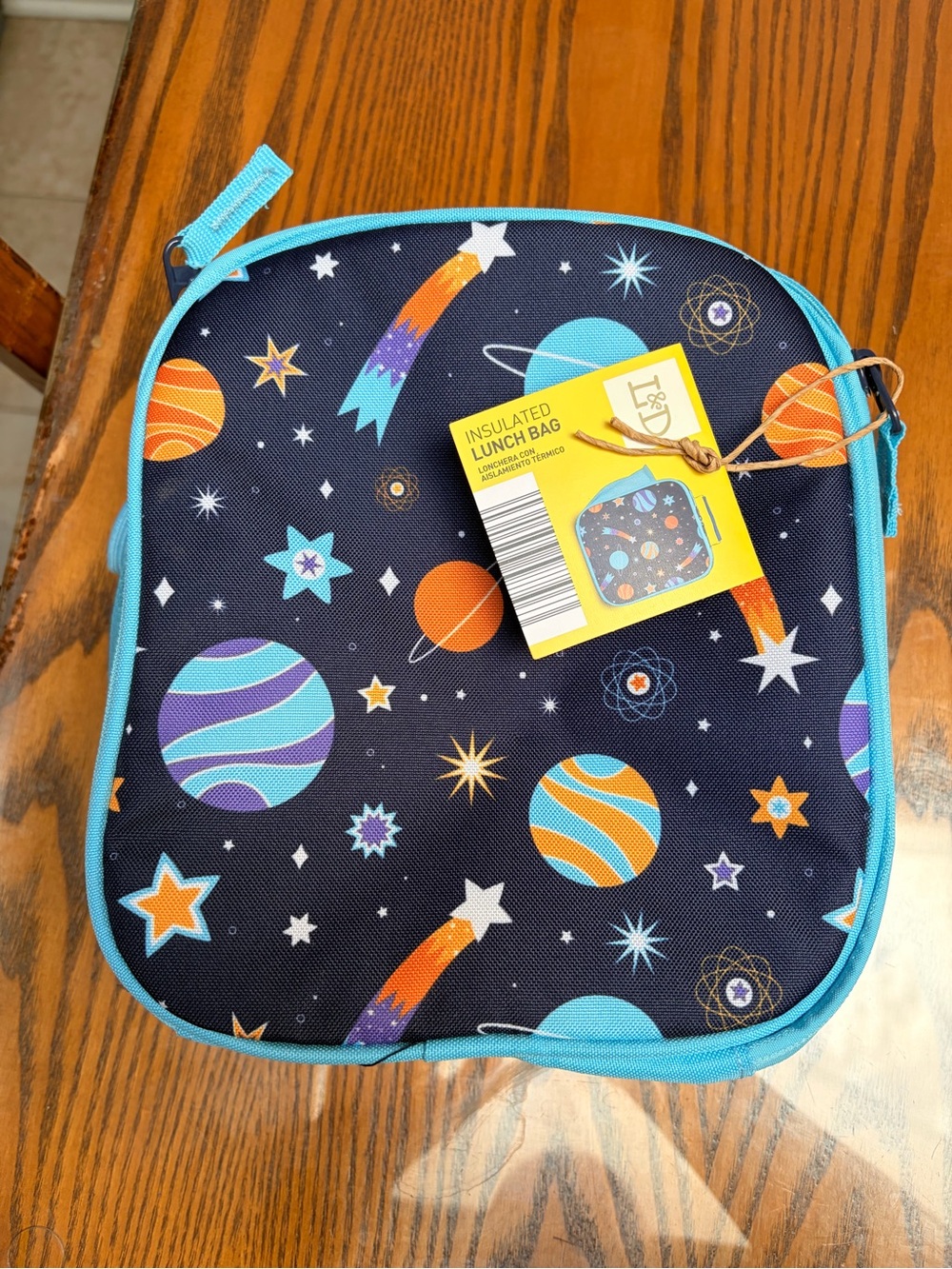 NWT Insulated Kids Lunch Bag – Navy Space Print with Teal Trim